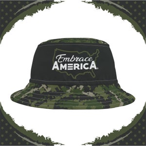 Patriotic Camo Bucket Hat Woodland Green Black Gift for American Patriot Gift for US Military Soldier July 4 Independence Day Made in USA