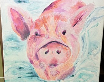 Peinture acrylique originale d'un cochon par Brittany Lyon - Art sur toile sans cadre 14 x 14