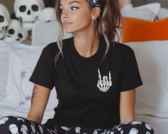 Embroidered Skeleton Hand Sweatshirt, Rock On Comfort Colors shirt, Fall Sweatshirt