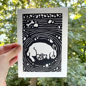 Bunny Rabbit Linocut Print. Original Hand Printed In Black Ink. Open Edition.