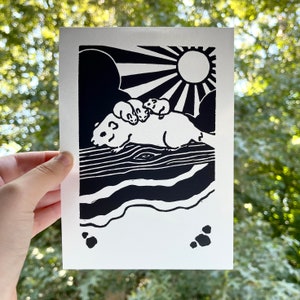 Bever linosnede print. Origineel met de hand gedrukt in zwarte inkt. Open editie.