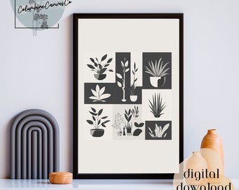 Monochrome Oasis Wall Art Print Digital Download | Minimalist Houseplant Art