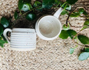 handmade ceramic cup//pottery//stripes//cream, speckled//tableware//drinking vessel, tea cup, coffee cup//gift