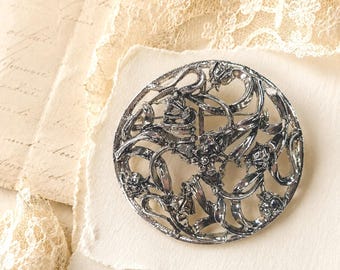 Vintage unsignierte Silber Tone durchbrochene Blumen Kreis Brosche Jugendstil Rebe OS