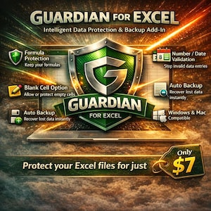 May include: A digital advertisement for "Guardian for Excel," an add-in for data protection and backup. The image features a laptop with a shield logo and text highlighting features like formula protection, auto backup, and Windows & Mac compatibility.