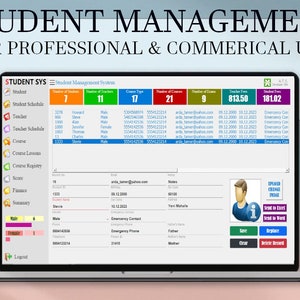 May include: A laptop screen displays a student management system interface. The screen shows data tables, charts, and icons for student records, schedules, and finance. The text "STUDENT MANAGEMENT" is at the top. Icons for Excel and VBA are visible.