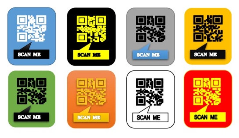 May include: Eight different colored square buttons with a black and white QR code and the text "SCAN ME" in white on a black bar at the bottom of each button.