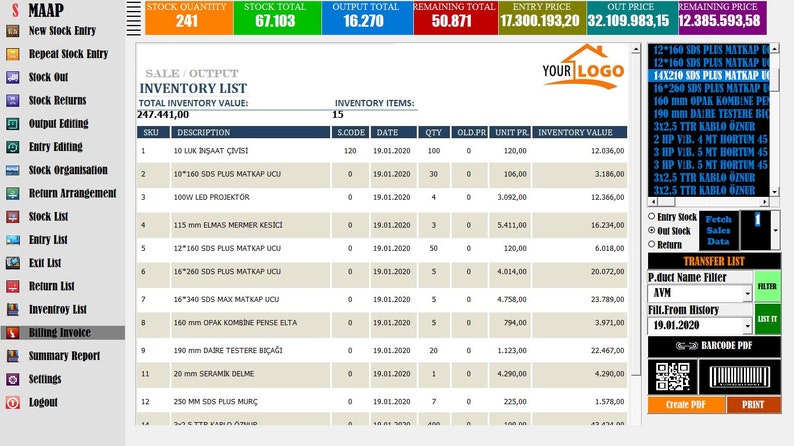 May include: A computer screen displaying a sales and inventory management system. The screen shows a list of inventory items with their descriptions, quantities, and values. The system also displays the total inventory value, stock quantity, stock total, output total, remaining total, entry price, out price, and remaining price. The system has a menu bar with options for new stock entry, repeat stock entry, stock out, stock returns, output editing, entry editing, stock organization, return arrangement, stock list, entry list, exit list, return list, inventory list, billing invoice, summary report, settings, and logout.