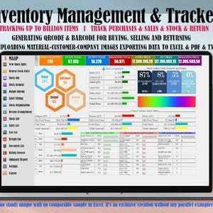 Può includere: Uno schermo di computer che mostra un programma di foglio di calcolo per la gestione dell'inventario. Il programma si chiama "Inventory Management & Tracker" e presenta un cruscotto colorato con grafici e diagrammi. Il programma tiene traccia degli acquisti, delle vendite, dello stock e dei resi. Genera anche codici QR e codici a barre per l'acquisto, la vendita e il reso degli articoli. Il programma può caricare immagini di materiali, clienti e aziende. Può anche esportare dati in file Excel, PDF e TXT.