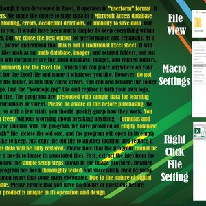 May include: A green, yellow, and orange striped background with text explaining that this program is not a traditional Excel sheet, but rather a userform that operates in a Microsoft Access database format. The text also explains that the program is not compatible with Mac computers. The image shows a screenshot of the program's file view, macro settings, and right-click file settings.