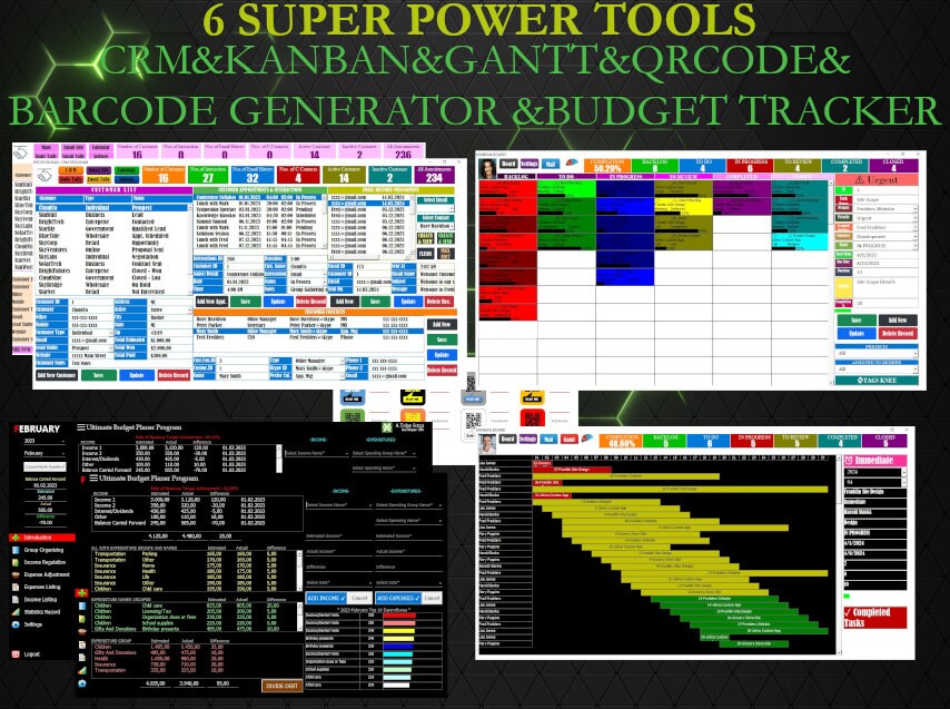 Unlock Efficiency with 6 Dynamic Tools: Kanban Gantt - Drag-and-Drop | CRM | Budget Tracker | QR Code-Barcode Generator | Works on Windows.