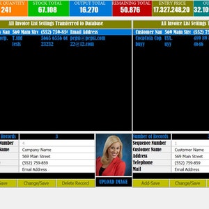 May include: A computer screen displaying a software program for managing inventory and customer information. The program includes a list of features, such as "New Stock Entry", "Repeat Stock Entry", "Stock Out", "Stock Returns", "Output Editing", "Entry Editing", "Stock Organisation", "Return Arrangement", "Stock List", "Entry List", "Exit List", "Return List", "Inventory List", "Billing Invoice", "Summary Report", "Company-Customer", "Settings", and "Logout". The program also includes a section for entering customer and company information, as well as a section for managing inventory.