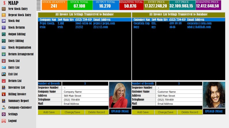 May include: A computer screen displaying a software program for managing inventory and customer information. The program includes a list of features, such as "New Stock Entry", "Repeat Stock Entry", "Stock Out", "Stock Returns", "Output Editing", "Entry Editing", "Stock Organisation", "Return Arrangement", "Stock List", "Entry List", "Exit List", "Return List", "Inventory List", "Billing Invoice", "Summary Report", "Company-Customer", "Settings", and "Logout". The program also includes a section for entering customer and company information, as well as a section for managing inventory.