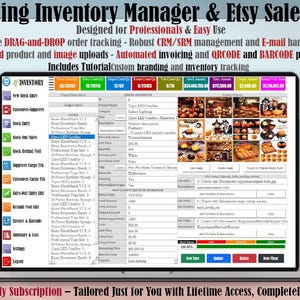 May include: A computer screen displaying a software program called "Amazing Inventory Manager & Etsy Sales Pro". The program is designed to help users manage their inventory, track orders, and process sales. The screen shows a list of products, including "Toffee LED Candles", "Professional Yoga Mats", and "Rainbow Wristbands". The program also includes features for creating invoices, printing barcodes, and managing customer information.