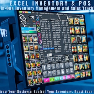 Könnte beinhalten: Ein schwarz-blaues Kassensystem mit einem Touchscreen-Display, das ein Warenwirtschaftssystem für Lebensmittelgeschäfte zeigt. Der Bildschirm zeigt eine Liste von Produkten, Preisen und Mengen. Das System verfügt außerdem über eine Tastatur mit Zahlen und Funktionstasten. Der Text auf dem Bildschirm lautet "EXCEL INVENTORY & POS" und "All-in-One Inventory Management and Sales Tracking".