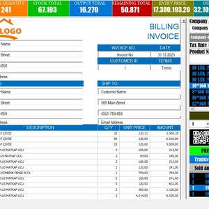 May include: A computer screen displaying a software program for managing inventory and billing. The program has a blue and green interface with a list of features on the left side, a billing invoice in the center, and a sales data section on the right. The invoice includes a customer name, date, and a list of items with quantities, unit prices, and amounts.