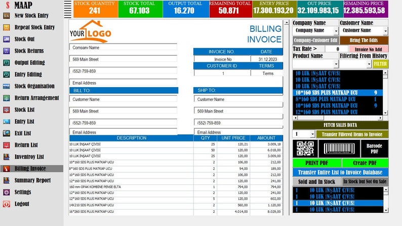 May include: A computer screen displaying a software program for managing inventory and billing. The program has a blue and green interface with a list of features on the left side, a billing invoice in the center, and a sales data section on the right. The invoice includes a customer name, date, and a list of items with quantities, unit prices, and amounts.