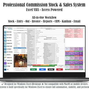 Può includere: Uno schermo di un laptop mostra un sistema professionale di commissioni di magazzino e vendite. Il software, progettato per Windows Excel, presenta un flusso di lavoro all-in-one per stock, inserimento, uscita, fatture, report, CRM, Kanban ed e-mail.