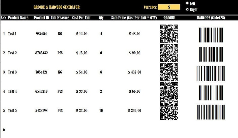 May include: A black and white table with a spreadsheet showing a QR code and barcode generator. The table includes columns for product name, product ID, unit measure, cost per unit, quantity, sale price, QR code, and barcode. The currency is set to dollars.