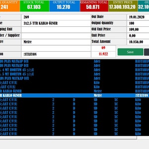 May include: A blue and black screen with a list of options on the left side and a table with data on the right side. The table shows stock information, including the stock number, name, quantity, and total. The screen also shows the output total, remaining total, entry price, out price, and remaining price.