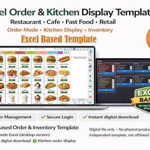 May include: A digital Excel-based order and kitchen display template for restaurants, cafes, fast food, and retail businesses. The image shows two laptops displaying the template, with food icons and order management features. Includes the text "Excel Order & Kitchen Display Template".