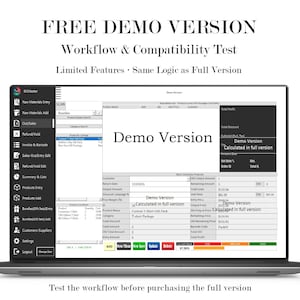 以下が含まれることがあります： ソフトウェアデモインターフェースを表示するラップトップ。画面には「Demo Version」と互換性テストが表示されます。上部のテキストは「FREE DEMO VERSION」と表示されています。下部のテキストは「フルバージョンを購入する前にワークフローをテストしてください」と表示されています。