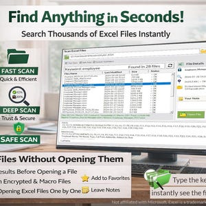 May include: A computer monitor displays a software interface with the text "Find Anything in Seconds!" and "Search Thousands of Excel Files Instantly." The interface shows search results for "employee" within Excel files. Icons indicate fast, deep, and safe scan options.