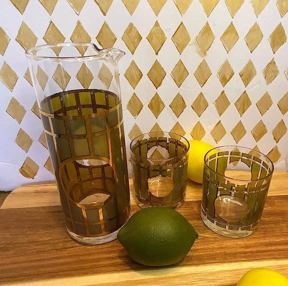 Vintage Barware Mixer and Highball Glasses/Green and Gold Geometric Retro...Set of 3