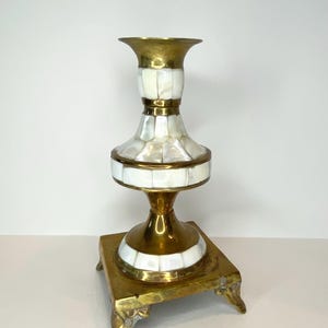 Vintage Brass and Mother of Pearl Candle Holder 7&quot;