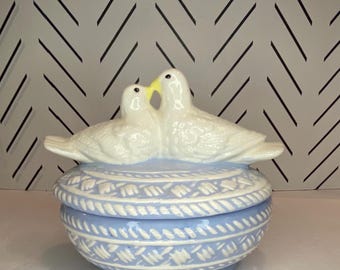 Vintage Handmade Ceramic Blue and White Love Birds Trinket Box
