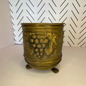 May include: A gold metal planter with a grapevine design and three feet. The planter is made of brass and has a vintage look.