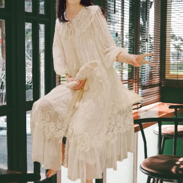 Vintage Nightgown – Edwardian Nightgown – Victorian Night Dress – Princess Nightwear – Pure Cotton Long Sleeve Vintage Nightgowns