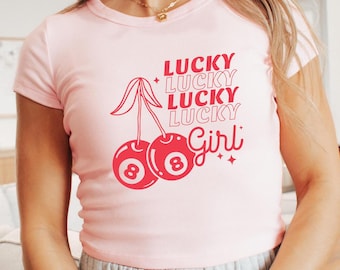 Lucky Girl Baby Tee, Lucky You Baby Tee, 8 Ball Baby Tee, 8 Ball Cherry Tshirt, Cherry Baby Tee, 8 Ball Graphic Tee, Lucky 8 Ball Shirt