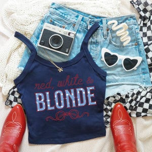 Red, White and Blonde Baby Tee, Coquette Baby Tee, Fourth Of July Crop Top, USA Baby Tee, America Crop Top,Fourth Of July Baby Tee