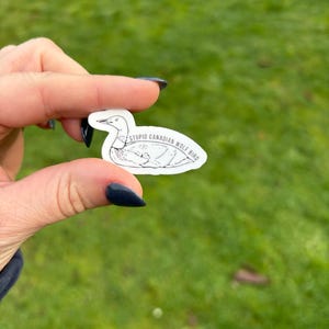 K&ouml;nnte beinhalten: Ein wei&szlig;er Aufkleber mit einer schwarzen Umrisszeichnung eines Vogels und dem Text "STUPID CANADIAN WOLF BIRD". Der Aufkleber wird zwischen zwei Fingern vor einem gr&uuml;nen Gras Hintergrund gehalten.