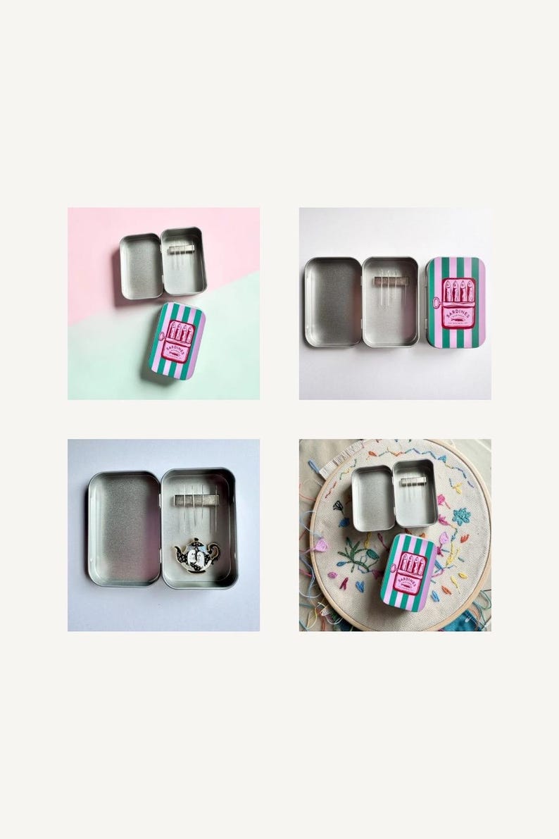 May include: A rectangular metal tin with a hinged lid featuring vertical green and purple stripes and a graphic of sardines with the text SARDINES. The interior contains a magnetic strip holding several sewing needles and a teapot-shaped needle minder.