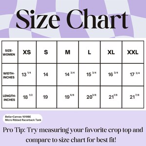 Puede incluir: Tabla de tallas para ropa de mujer con medidas en pulgadas. La tabla muestra las tallas XS a XXL con las medidas de ancho y largo correspondientes para cada talla.