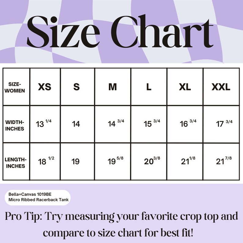 Puede incluir: Tabla de tallas para ropa de mujer con medidas en pulgadas. La tabla muestra las tallas XS a XXL con las medidas de ancho y largo correspondientes para cada talla.