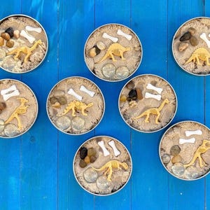 Pode incluir: Sete latas redondas de metal preenchidas com areia bege, cada uma contendo um esqueleto de dinossauro de plástico amarelo, duas réplicas de ossos de plástico branco, várias pedras castanhas pequenas e lisas e duas berlindes de vidro.