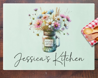 Personalized Wildflower Glass Cutting Board, Custom Kitchen Decor
