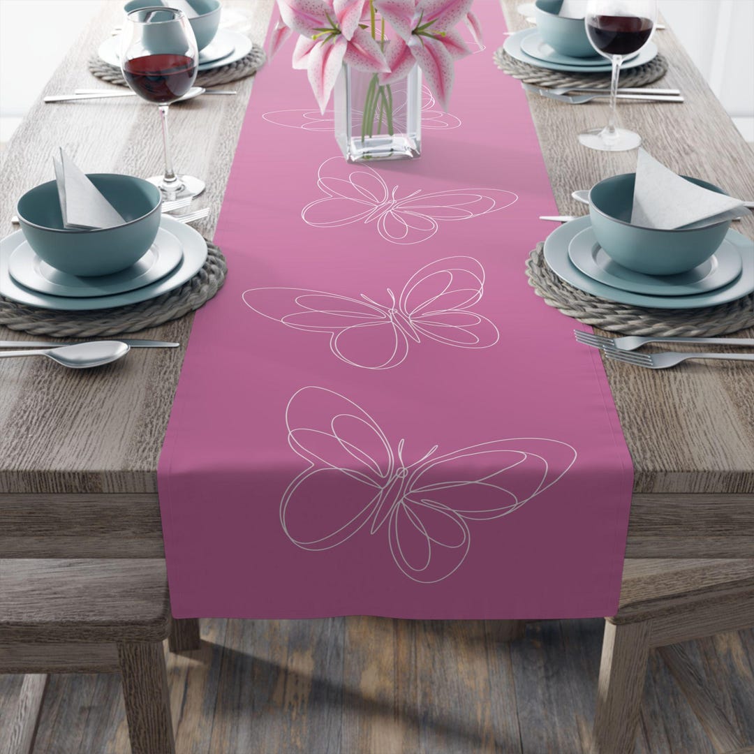 Spring Kitchen Linens Pink Butterfly Table Runner, Floral Dining Table Decor, Spring Kitchen ...