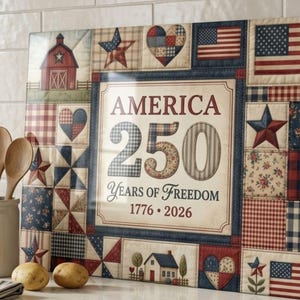 May include: A decorative glass cutting board with a patriotic design. The board features a patchwork pattern with American flags, stars, hearts, and a barn. The center reads "AMERICA 250 Years of Freedom 1776-2026". Wooden utensils and potatoes are in the foreground.