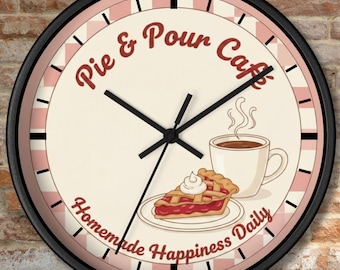 Retro Diner Wall Clock, Vintage Pie and Coffee Kitchen Decor, 1950s Style Cafe Timepiece