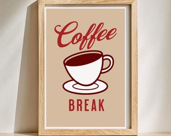 May include: A framed print featuring a coffee cup illustration. The words "Coffee" and "BREAK" are in red script and block letters, respectively. The coffee cup is white with a brown interior, set against a tan background.