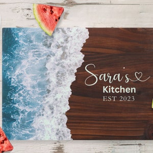 Personalized Ocean Theme Glass Cutting Board - Coastal Kitchen Decor - Housewarming Gift