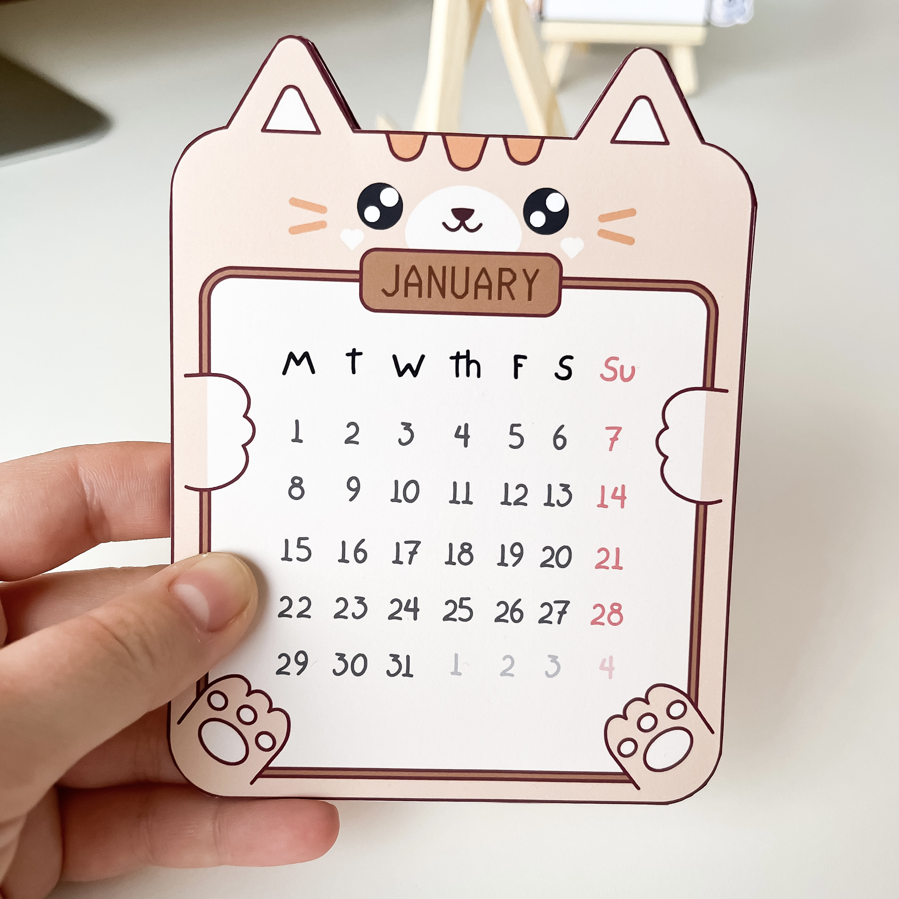 Cute Cat Shaped Small Desk Calendar 2024 Cute Kawaii Printable Office Decor PNG and PDF File 