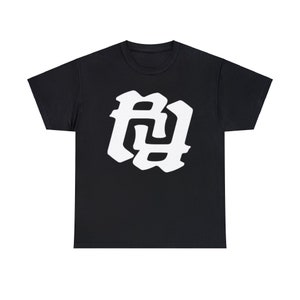 May include: Black t-shirt with a white graphic of the letters "RY" in a stylized font.