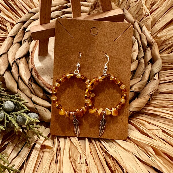 Aleut Unangax Alaska Native Made Genuine Amber, Czech glass beads, .925 Sterling Silver Feather Hoop Earrings