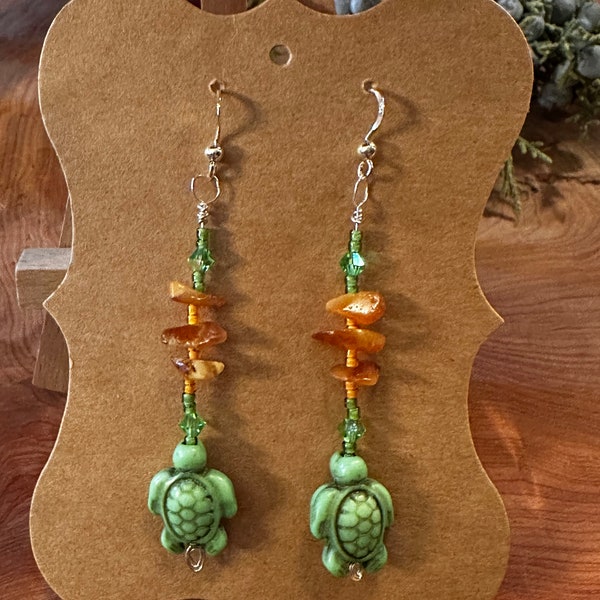 Genuine Amber, Green Turtle & Czech Crystal Beaded Earrings Aleut Unangax Unangan Alaska Native Made Jewelry