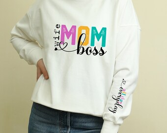Wife, Mom, Boss Mother's Day SVG with Sleeve Design, PNG, Instant Download, Mother's Day